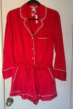 Victoria's Secret Red Satin Rhinestone Romper Pajama Lounge Sleepwear NWT PS